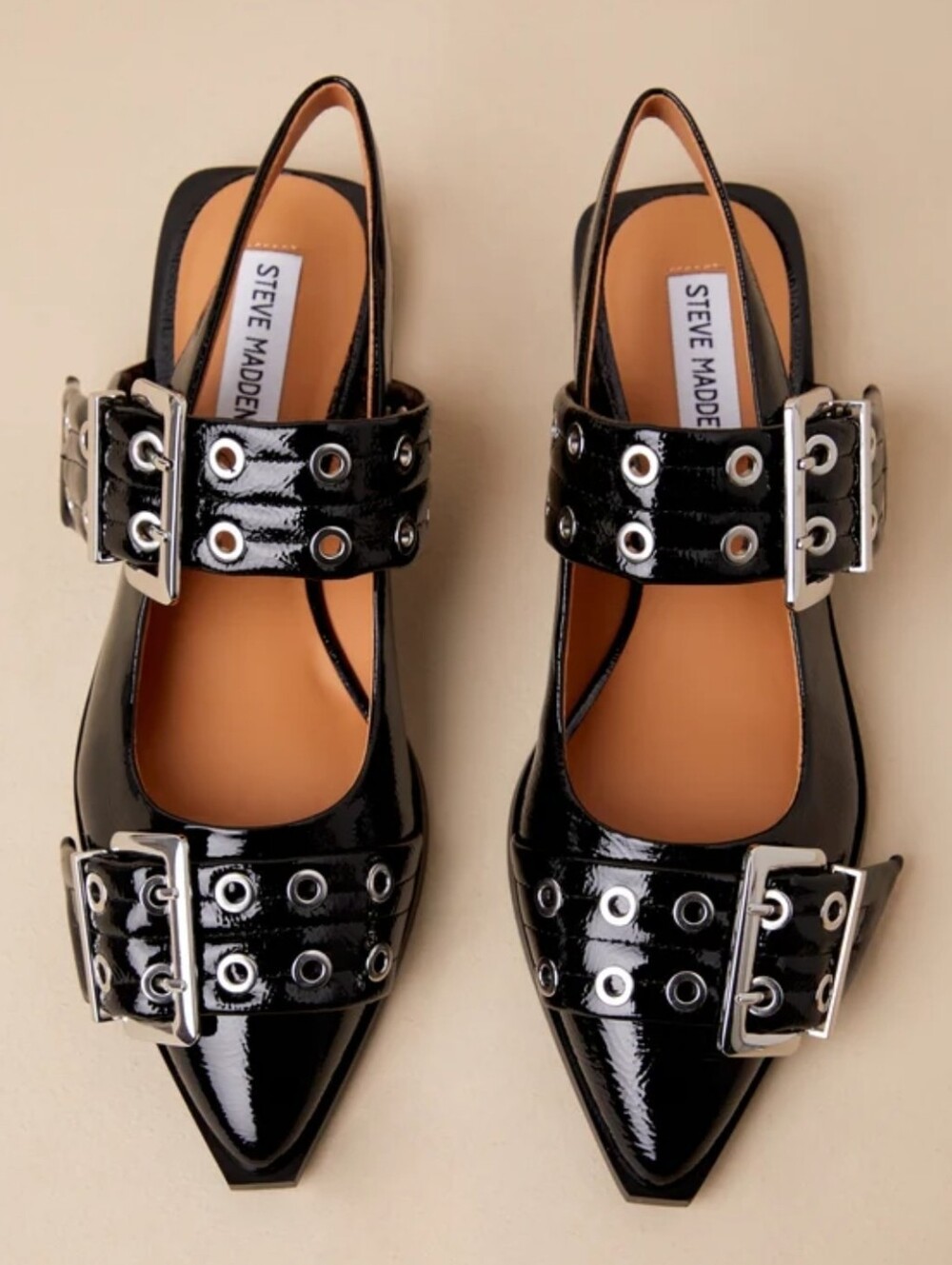 STEVE MADDEN Graya Black Patent Studded Buckle Slingnack Flats Sz 8 Moto Edgy